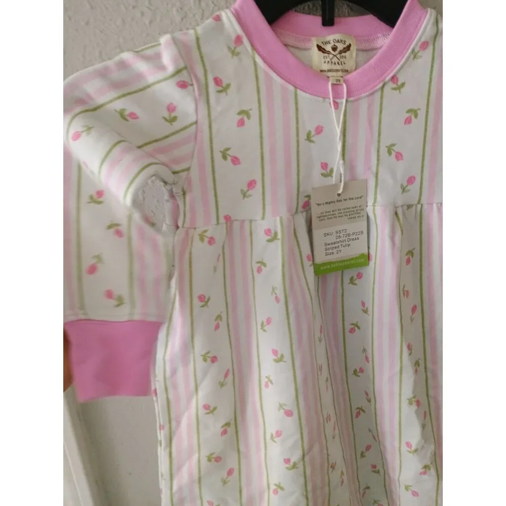 The Oaks Apparel Baby Girls Pink Striped Floral Long Sleeve Dress Size‎ 2Y